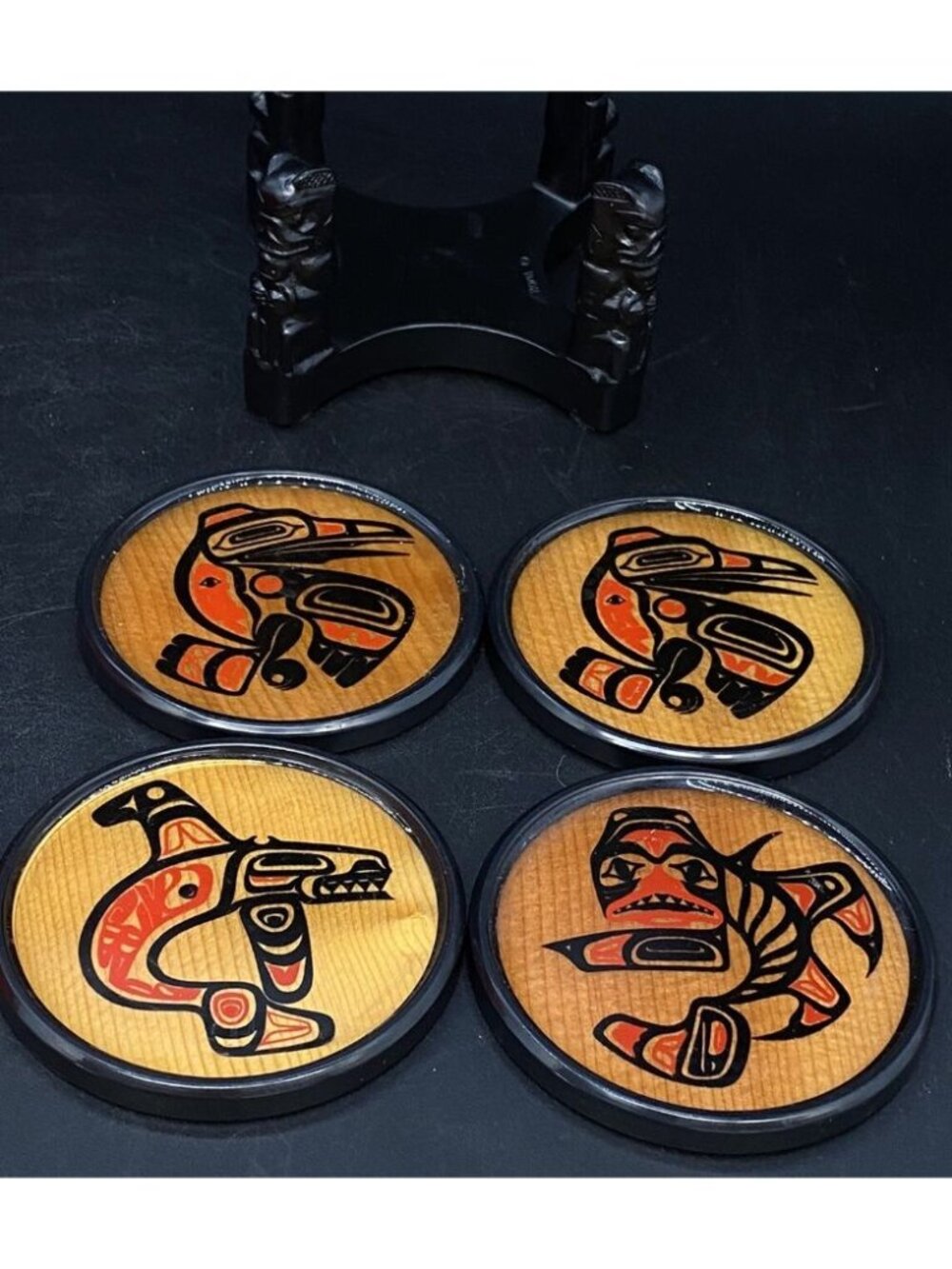 BOMA Coasters Lot 4 With Totem Holder Red Cedar Made In Canada First Nation